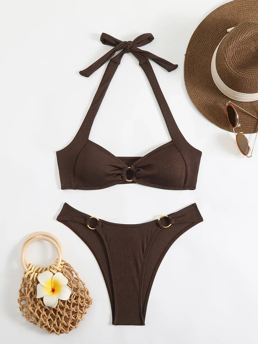 Sexy Women's Swimsuit Bikini Set Solid Halter Split Micro Bikini Two-piece Swimwear 2025 New Summer Swimming Beach Bathing Suits