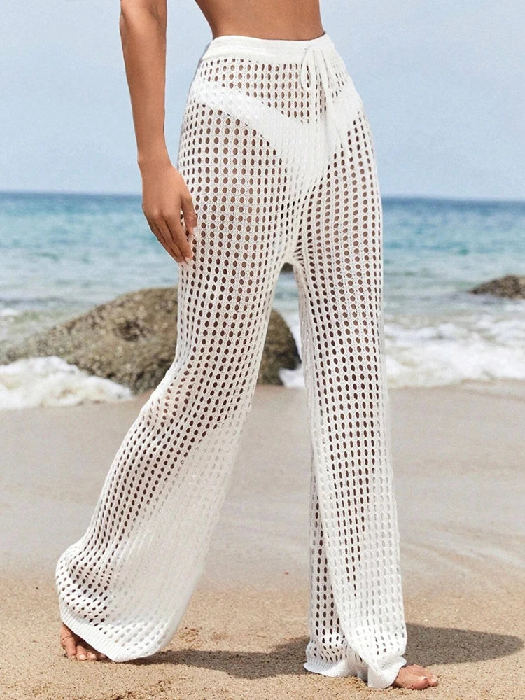 Knitted wide pants with casual solid color hollow out, fashionable, elegant and comfortable drawstring for women