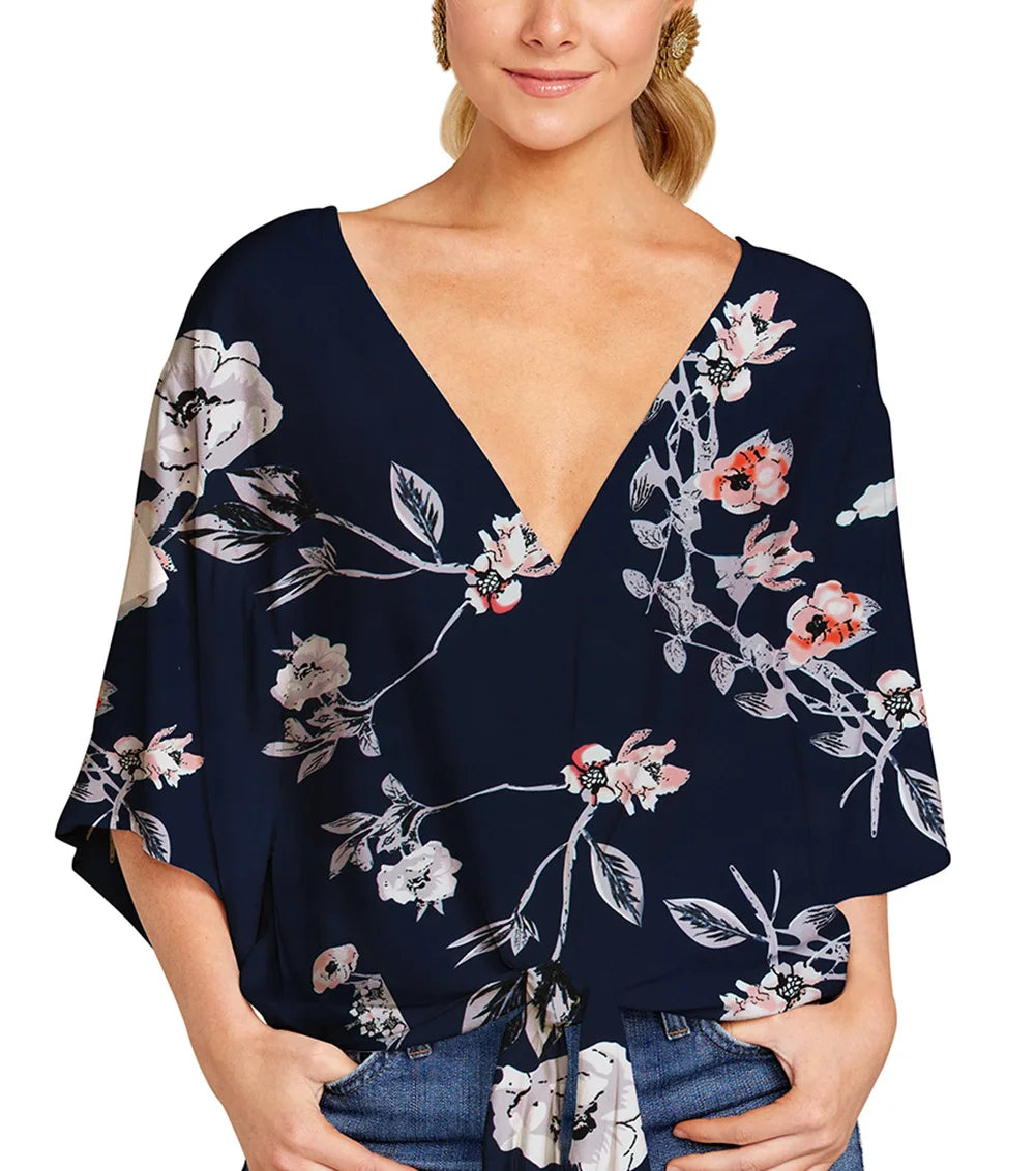 Spring Summer 2024 New Women's Shirt Sexy V-neck Short Sleeved Fashionable Printed Knot Printed  Sleeve Top