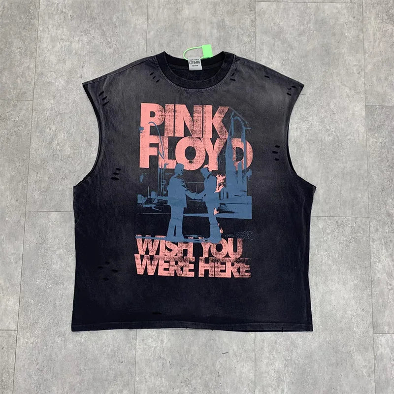 Vintage Washed Saint Sleeveless Tank T-shirts Oversize Men Woman Good Quality Black White Grey Hole Old Summer Streetwear