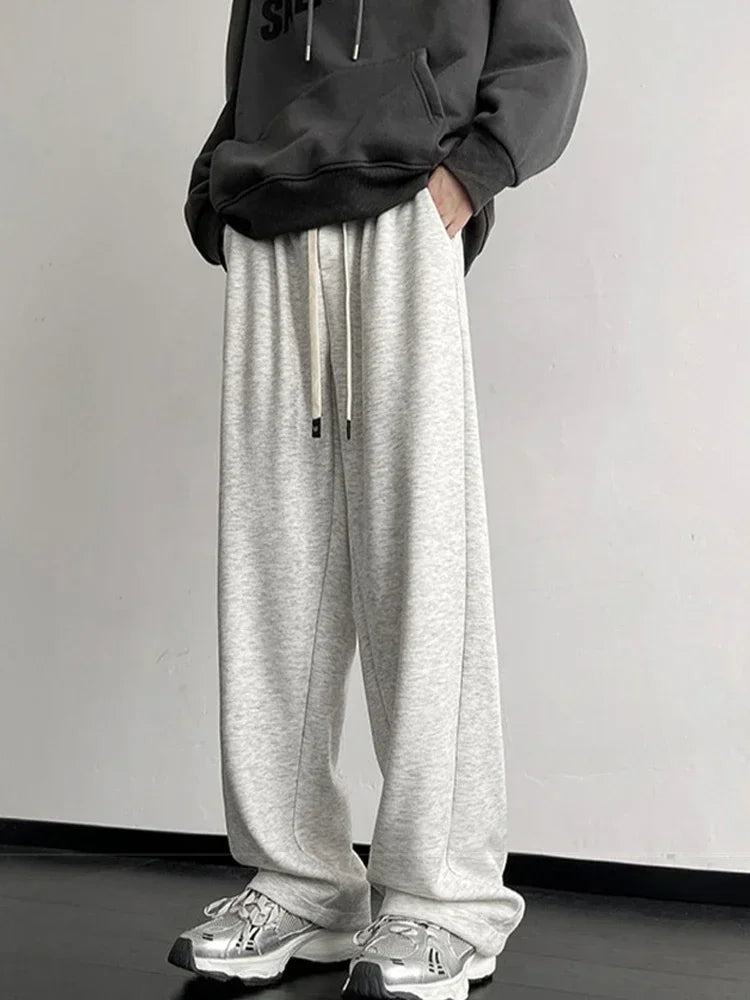 Spring Men's Solid Color Fleece Baggy Sweatpants Y2K Streetwear Straight Wide Leg Trousers 2025 New Korean Fashion Pants