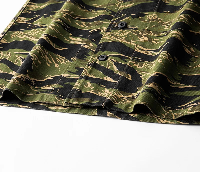 2025 Spring Men's Tiger Stripe Camo Camouflage Cargo Shirt Fashion Work Engineer Long Sleeved Shirt Jacket With Double Pockets