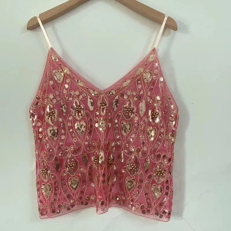 Y2k Sequined Crop Tops Women Sexy Bead Work Mesh Tops Women Pink Sparkle Tanks Tops Femme Party Clubwear