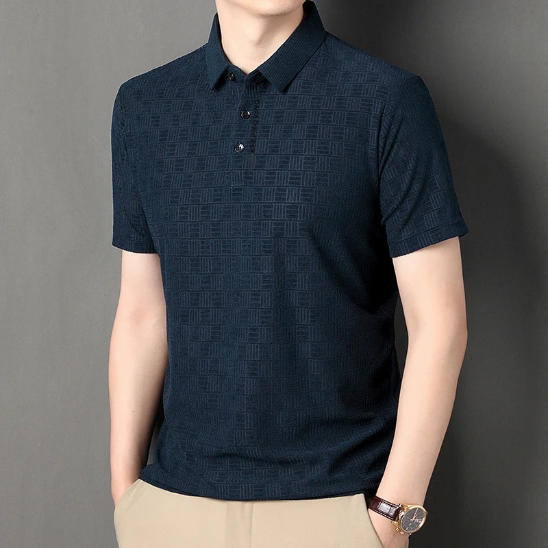 New Men's Business Casual Short Sleeved Shirt with Badge Solid Color Polo Shirt Fashionable Breathable Comfortable Versatile Top
