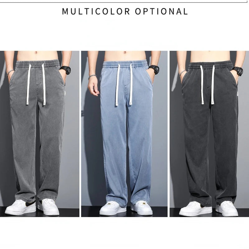 Summer Soft Lyocell Fabric Men's Jeans Thin Loose Straight Pants Drawstring Elastic Waist Korea Casual Trousers Plus Size