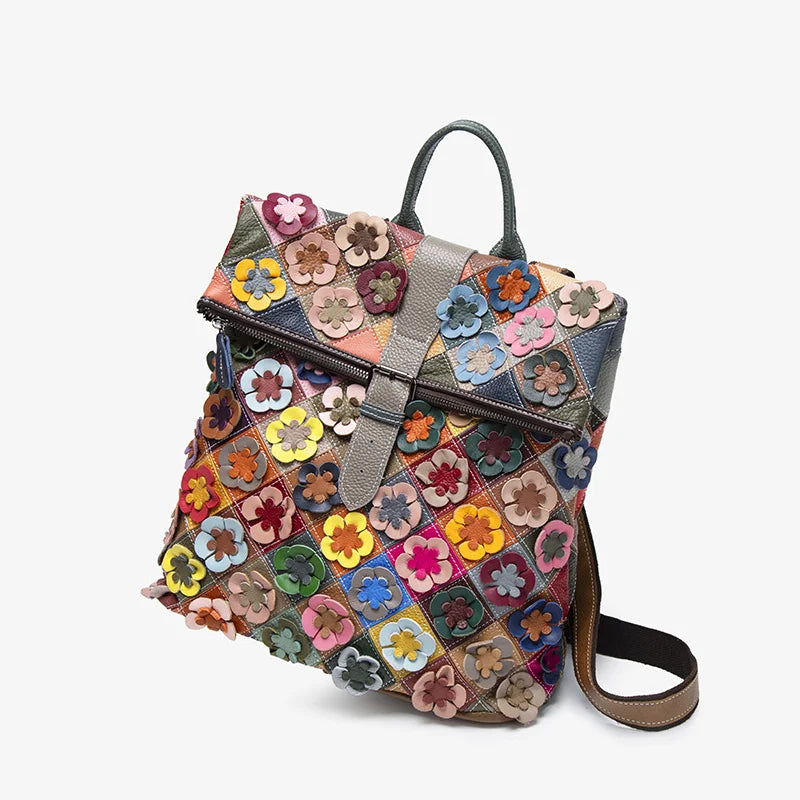 Handmade bag, three-dimensional floral romantic backpack, colorful patchwork retro backpack, luxurious travel experience