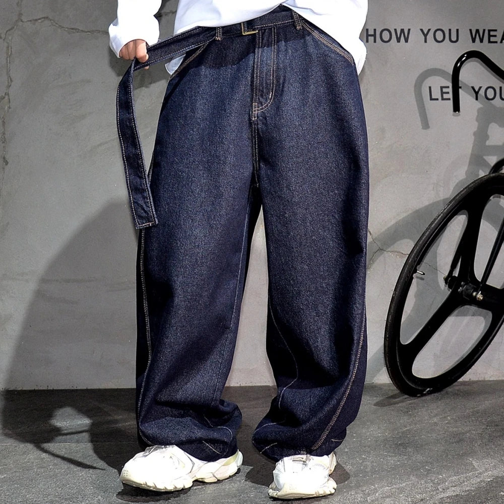 Mens American High Street Baggy Jeans Navy Blue Premium Denim Wide Leg Straight Loose Fit Korean Streetwear Trendy Pants Male