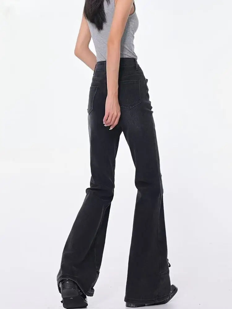 Fashion high street strap design retro black micro-flare jeans Y2k Goth women slim fit new flared pants