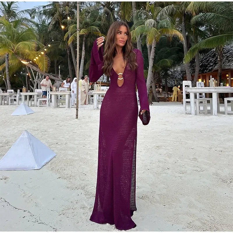 Sexy Hollow Out Metal Ring Buckle Splicing Knit Women Maxi Dress Chic Full Sleeve High Waist Long Dresses Lady Beach Party Robes