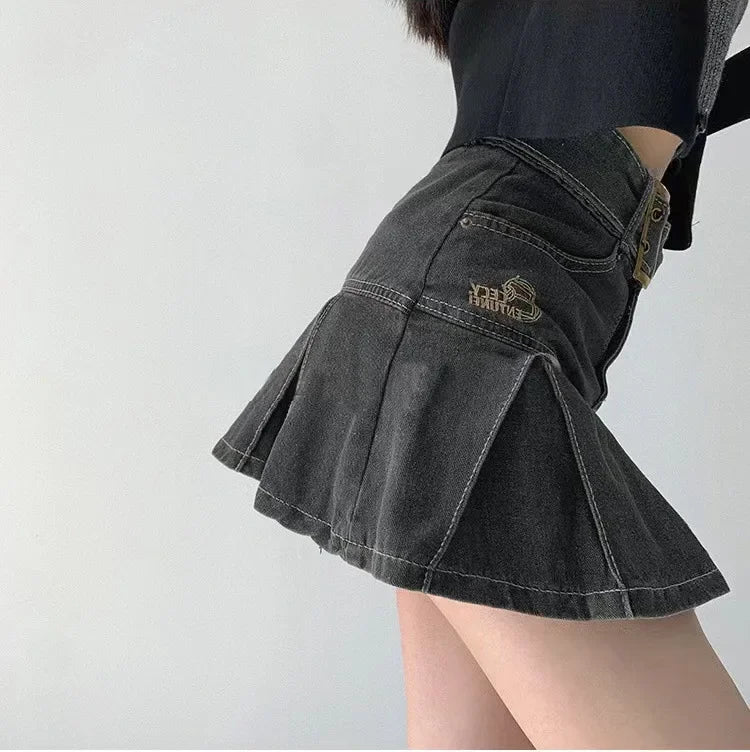 High Waist Denim Mini Skirt for Women Summer American Style Retro Pleated A- Line Short Skirt Trendy Cotton Denim Skirts