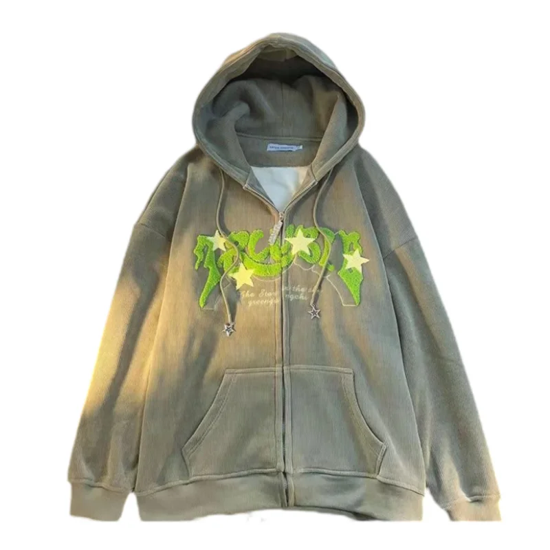 Y2k Zip Up Hoodie Women Spring Retro Embroidered Letter Loose Long Sleeve Tops 2025 Casual Hooded Sweatshirts Harajuku Jackets