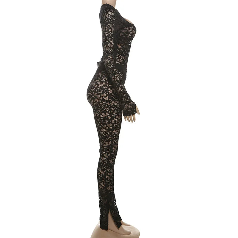 Leosoxs See Through 2 Piece Set Women Sexy  Hollow Jacquard Backless Bodysuit+Leggings Tight Activity Clubwear Skinny Outfits