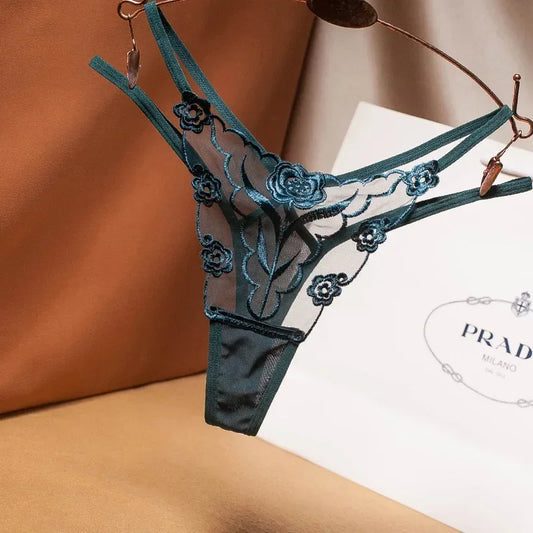 New Women Sexy Embroidered Ladies Thong Transparent Mesh Florid Strap Temptation Low Waist Panties Female Hot T Pants Large Size