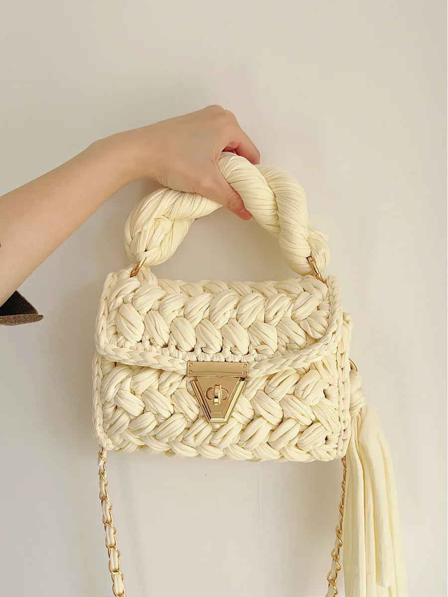 New Handmade Woven Women's Crossbody Bags Thread Hook Knitted Shoulder Bag Colorful Strip Chains Bags for Women Small Purses