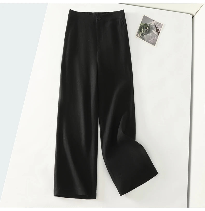Cotton suit pants female summer new Korean fashion simple literary temperament elastic high waist leisure straight nine pants