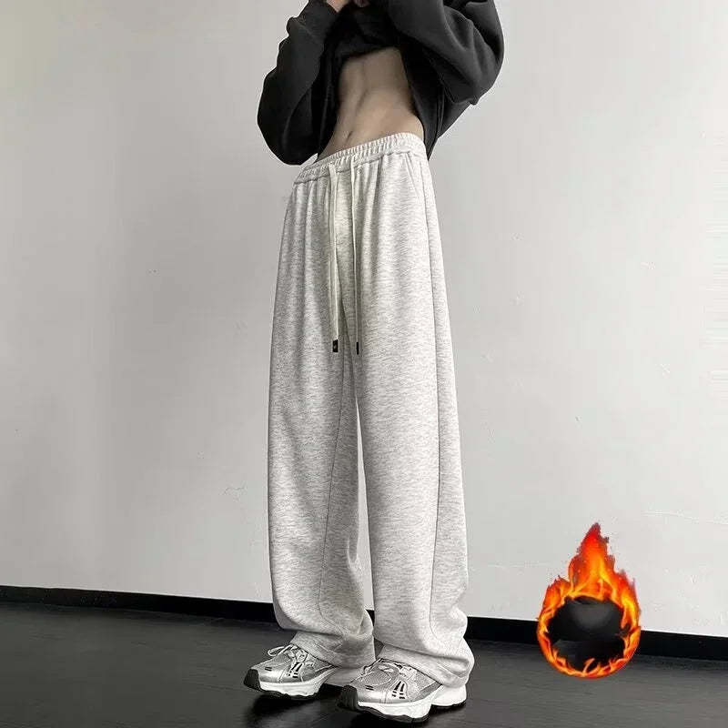 Spring Men's Solid Color Fleece Baggy Sweatpants Y2K Streetwear Straight Wide Leg Trousers 2025 New Korean Fashion Pants