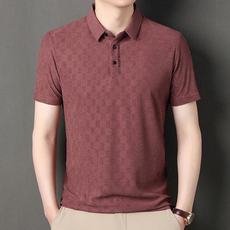 New Men's Business Casual Short Sleeved Shirt with Badge Solid Color Polo Shirt Fashionable Breathable Comfortable Versatile Top