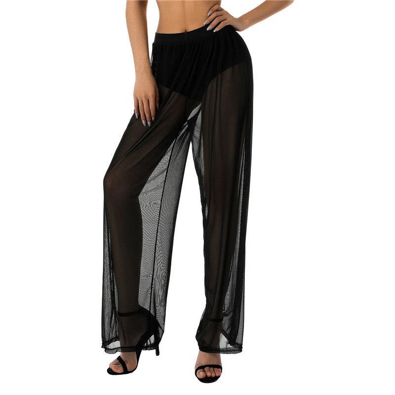 Women See Throug Mesh Cover up Pants Swimsuit Bikini Bottom Cover up Elastic Waist Loose Wide Leg Long Palazzo Pants Trousers