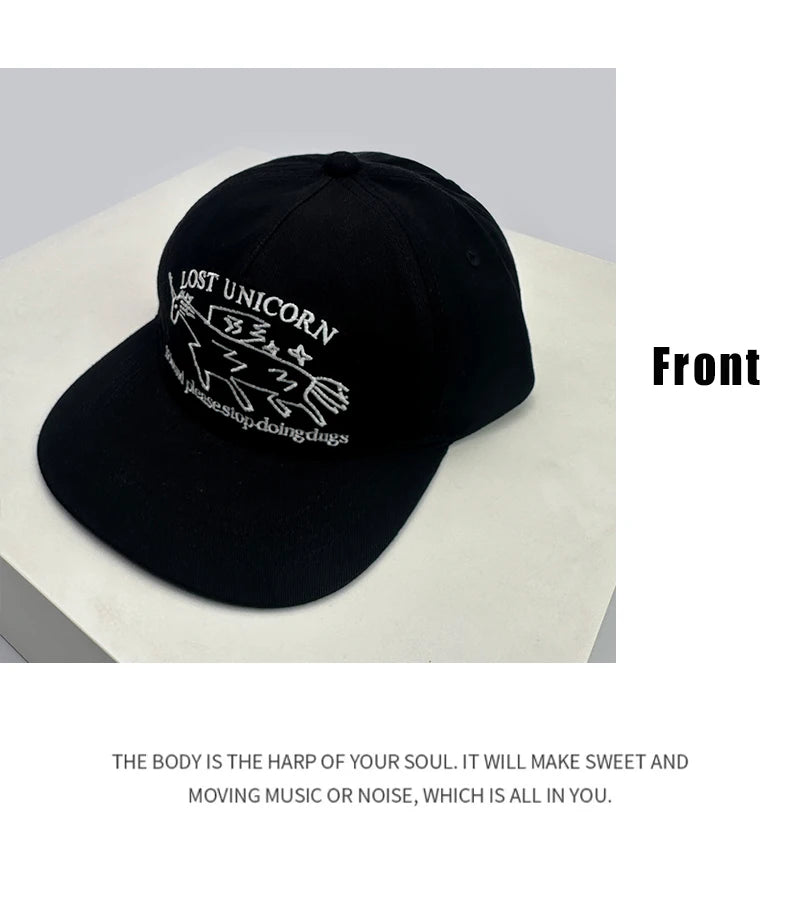 New Unisex Niche Unicorn Letters Embroidery Baseball Hats Flat Eave Sunshade Korean Peaked Caps Versatile Fashion Personal ins