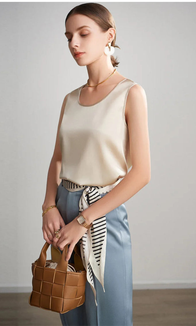 SuyaDream. Débardeur basique confortable pour femmes, 100% soie véritable, t-shirt Chic sans manches à col rond, gilets d'été solides 2025, blanc, rose, Beige
