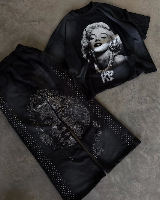Y2k Clothes for Men Gothic Retro Sweatpants T Shirts Two Piece Set Casual Tracksuit Men Oversized Diamond Pattern Street Set