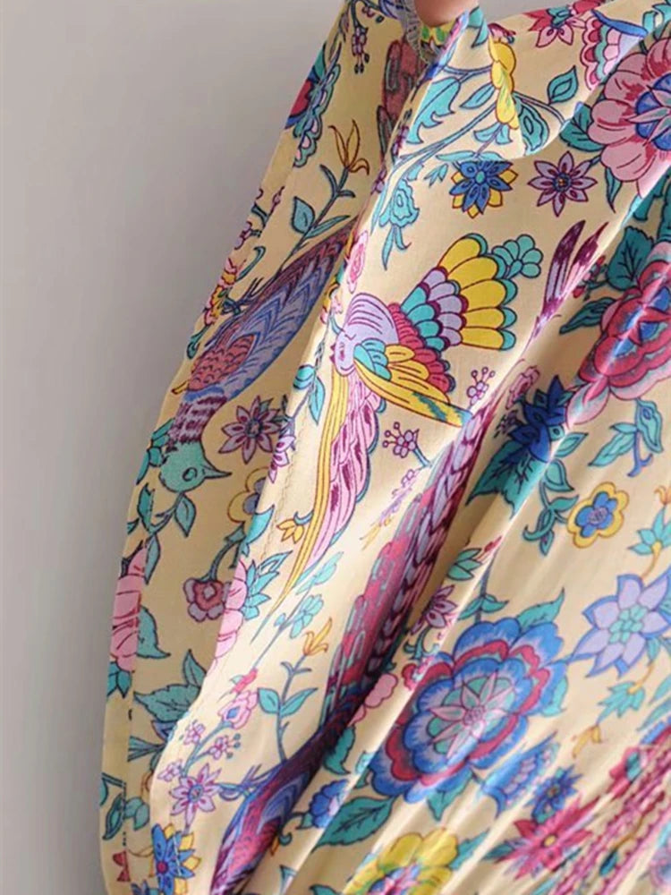 Robe Maxi Vintage Chic pour Femme, Imprimé Floral Paon, Manches Chauve-Souris, Bohème, Col en V, Pompon, Plage, Été