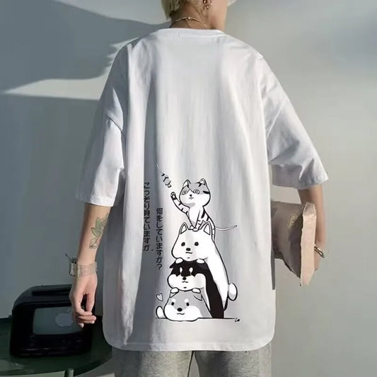 8XL Men T-shirt Pullover Extra Round Neck Kitten Stacking Printing Fashion T-shirt Extra Large Middle Sleeve Youth T-shirt