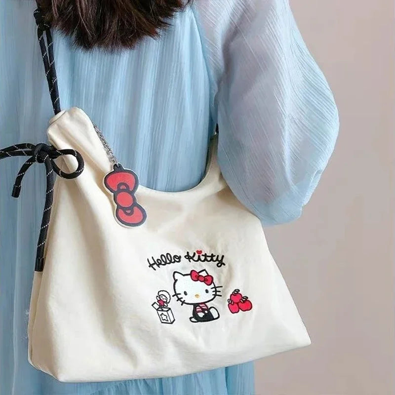 Sanrio Embroidered Canvas Shouler Bag for Women Girl College Student Cute Large Capacity Tote Durable Fashion