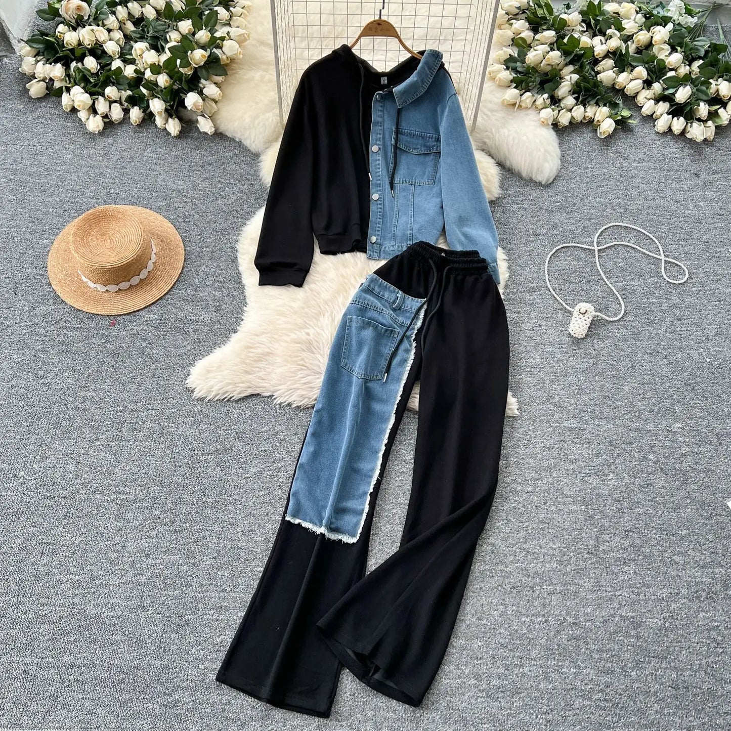 Pant Set Women Two Piece Sets Hooded Matching Sets Casual Loose Tops Wide Leg Long Pants Elastic Waist Lace Up Splice Denim 2025