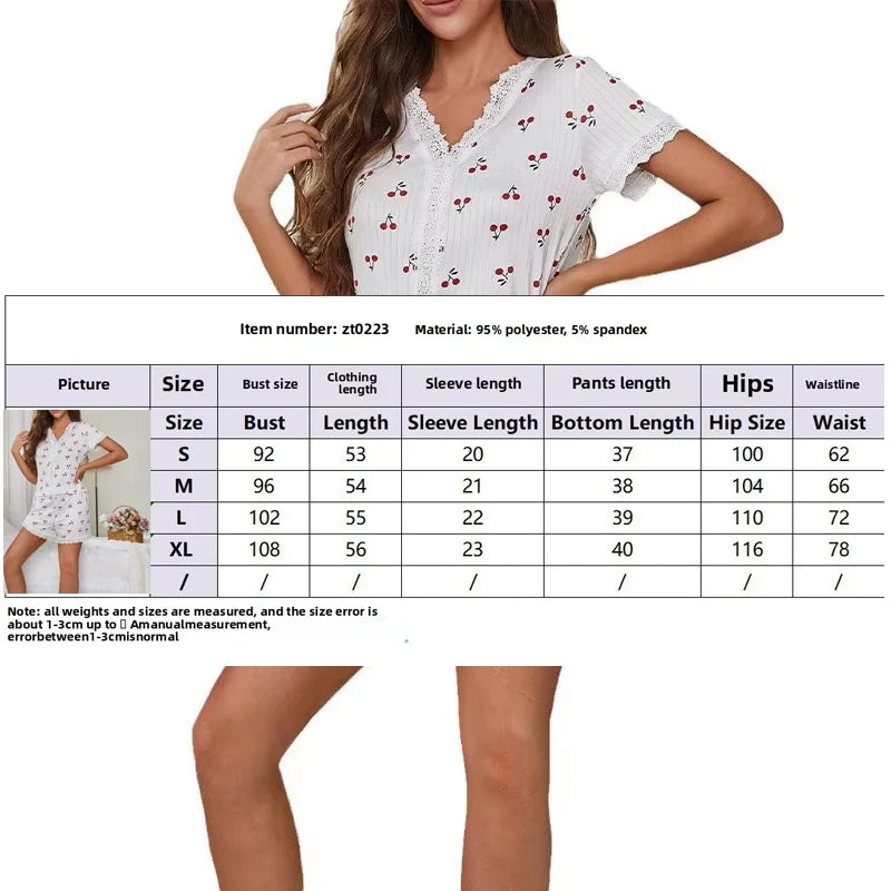 Sexy Pajamas Women V-Neck Lace Cherry Print Short-Sleeved Shorts Striped Fancy Sleepwear 2 Piece Set Home Wear Student Nightwear