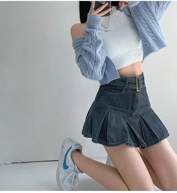 High Waist Denim Mini Skirt for Women Summer American Style Retro Pleated A- Line Short Skirt Trendy Cotton Denim Skirts