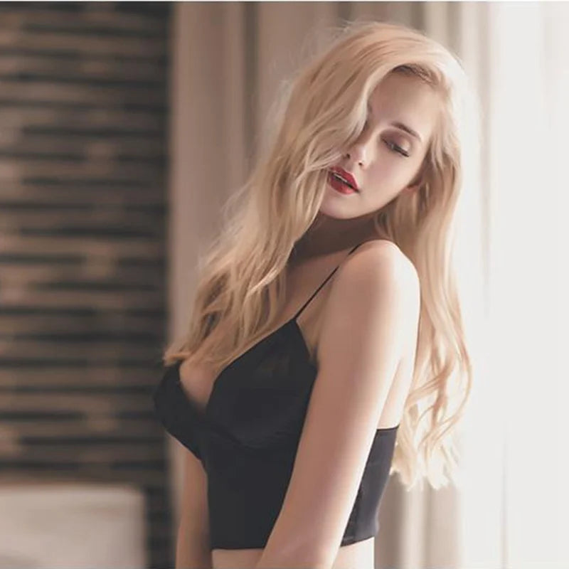 Haut court en satin sexy pour femme, bralette sans fil, bretelles spaghetti, t-shirt court avec poitrine, caraco rembourré