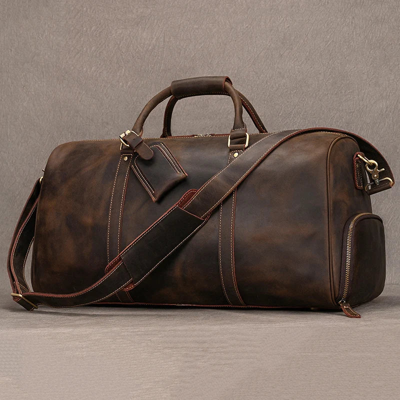 Sac de voyage en cuir véritable de grande capacité pour hommes et femmes, en cuir de vache noir souple, polochon de voyage décontracté, grand sac à bandoulière pour week-end