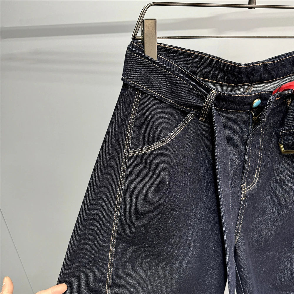 Mens American High Street Baggy Jeans Navy Blue Premium Denim Wide Leg Straight Loose Fit Korean Streetwear Trendy Pants Male