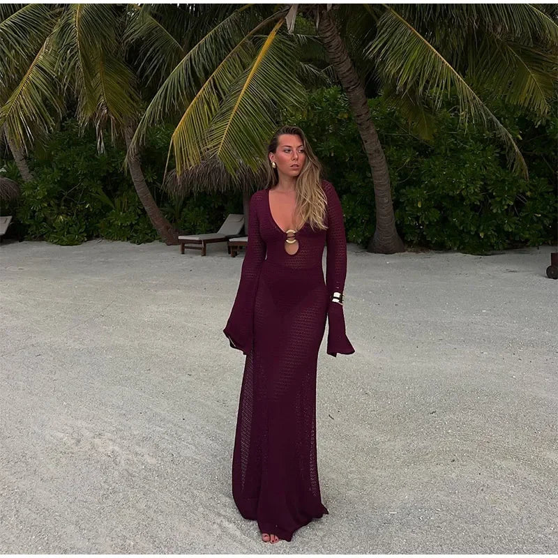 Sexy Hollow Out Metal Ring Buckle Splicing Knit Women Maxi Dress Chic Full Sleeve High Waist Long Dresses Lady Beach Party Robes