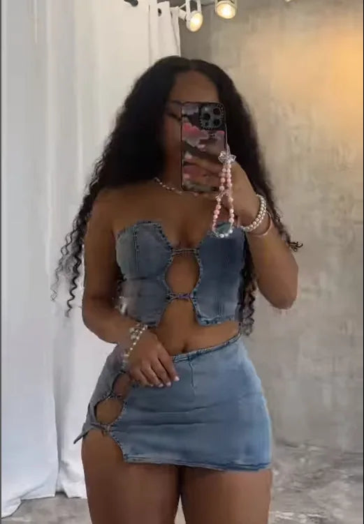 Sexy Denim Strapless Top Sleeveless Hollow Out Two Piece Sets Women Crop Tops Mini Skirt Cowboy Outfits Streetwear Skirts Suits