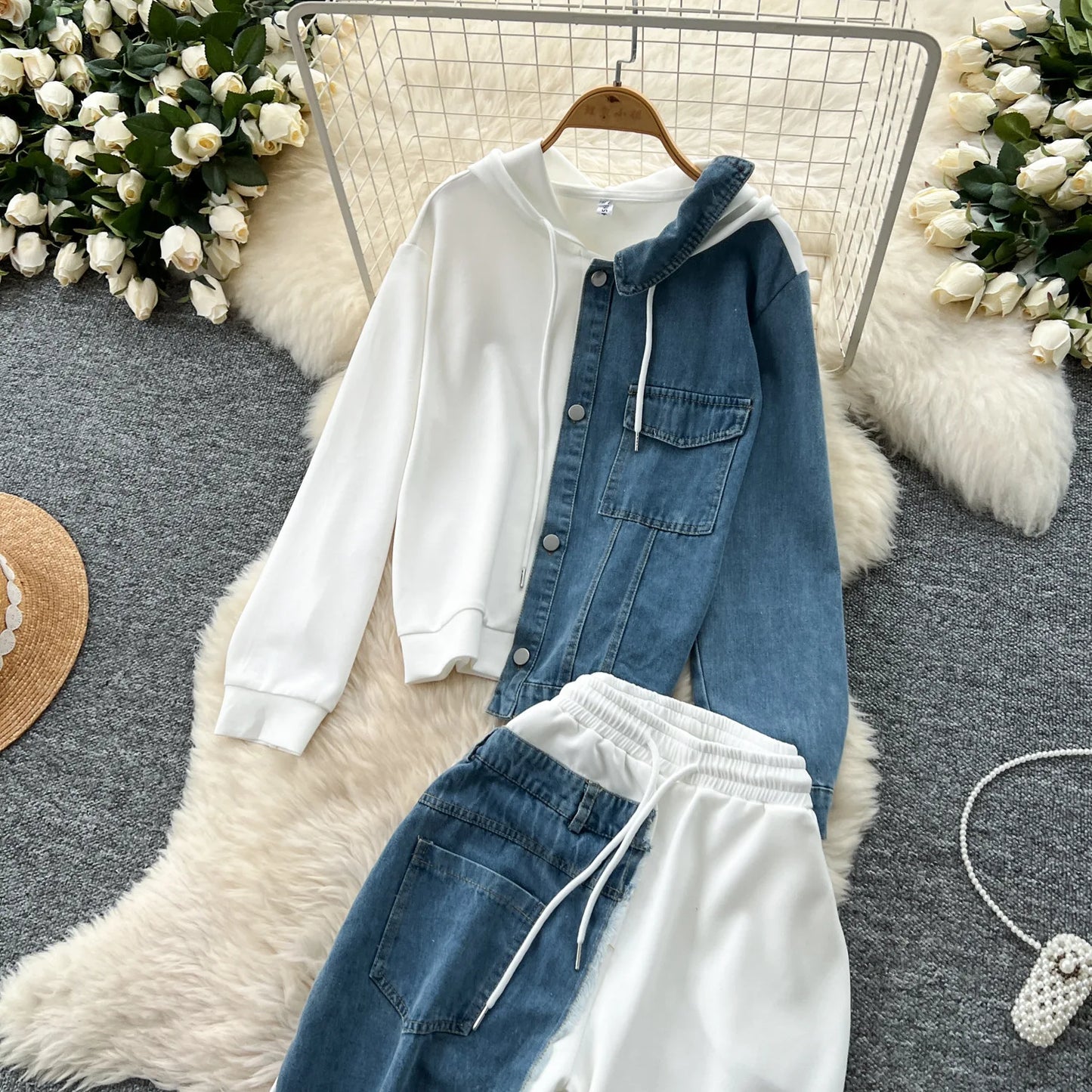 Pant Set Women Two Piece Sets Hooded Matching Sets Casual Loose Tops Wide Leg Long Pants Elastic Waist Lace Up Splice Denim 2025