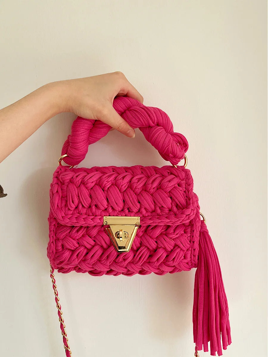 New Handmade Woven Women's Crossbody Bags Thread Hook Knitted Shoulder Bag Colorful Strip Chains Bags for Women Small Purses