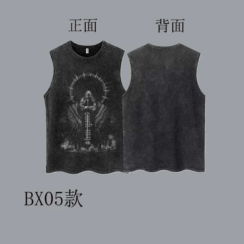 100% Cotton Hiphop Washed and Old Sleeveless T-shirt Men's Trendy Hip-hop Outer Wear Loose Sports Vest