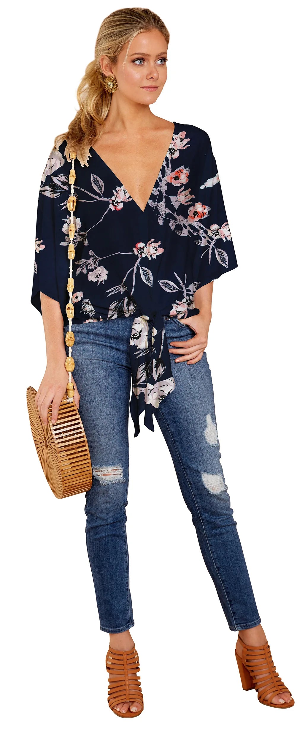 Spring Summer 2024 New Women's Shirt Sexy V-neck Short Sleeved Fashionable Printed Knot Printed  Sleeve Top