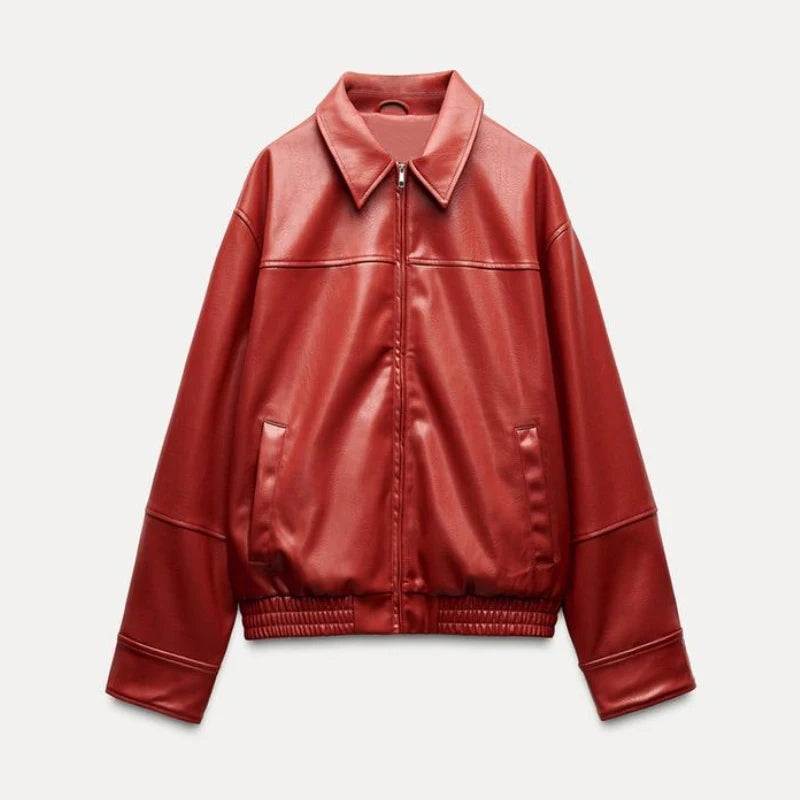 PU Leather Jacket For Women Zipper Turn-down Collar Loose Fashion Coat Luxury Brown 2025 Spring Street Motorcycle Overcoat Top