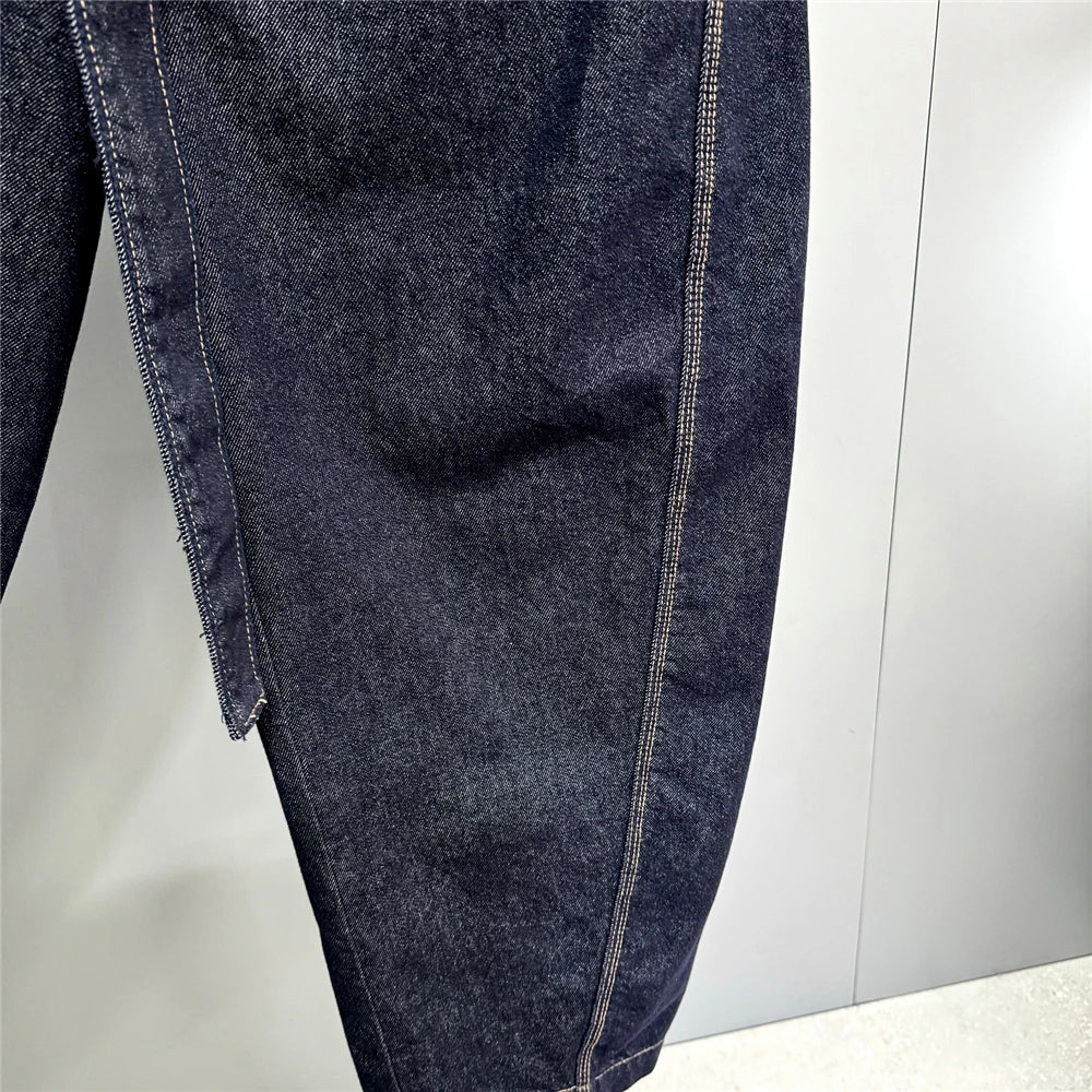 Mens American High Street Baggy Jeans Navy Blue Premium Denim Wide Leg Straight Loose Fit Korean Streetwear Trendy Pants Male