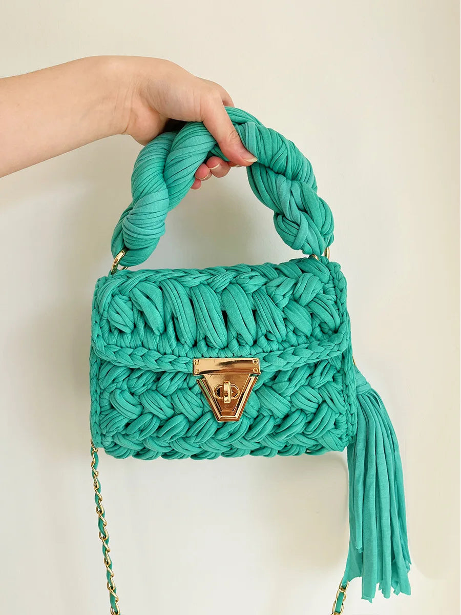 New Handmade Woven Women's Crossbody Bags Thread Hook Knitted Shoulder Bag Colorful Strip Chains Bags for Women Small Purses
