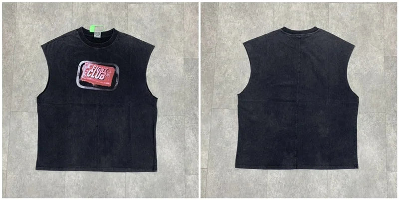 Vintage Washed Saint Sleeveless Tank T-shirts Oversize Men Woman Good Quality Black White Grey Hole Old Summer Streetwear