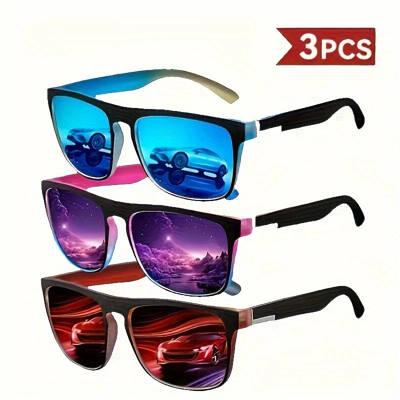 3pcs Stylish Sports Fashion Sunglasses for Cycling, Golf & Outdoor Activities - Black Frame with Blue, Purple & Pink Lenses