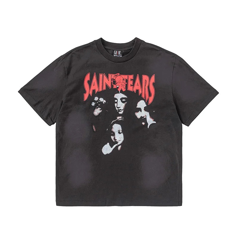 Vintage Series Saint Round Neck Sexy Robot Printed Casual High Quality Oversized T Shirt Harajuku Streetwear Men
