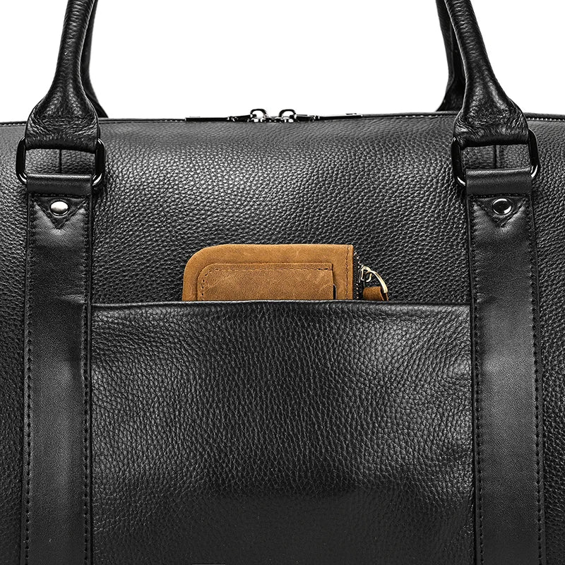 Sac de voyage en cuir véritable de grande capacité pour hommes et femmes, en cuir de vache noir souple, polochon de voyage décontracté, grand sac à bandoulière pour week-end