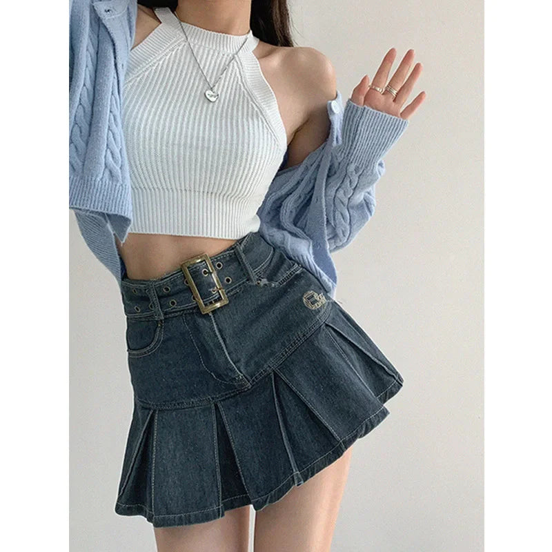 High Waist Denim Mini Skirt for Women Summer American Style Retro Pleated A- Line Short Skirt Trendy Cotton Denim Skirts
