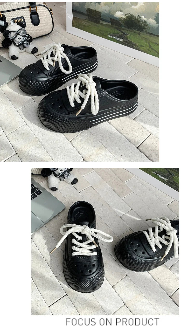 Women Fashion Clogs Lace-up Platform Slippers Summer Shoes Soft EVA Anti-slip Female Beach Street Slides Thick Sole Sandals