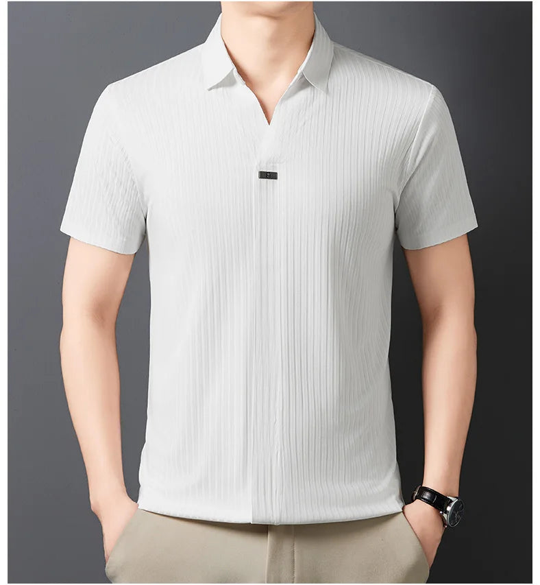 High quality personality texture stripe short sleeve polo shirt summer ice silk breathable buttonless men's solid color T-shirt